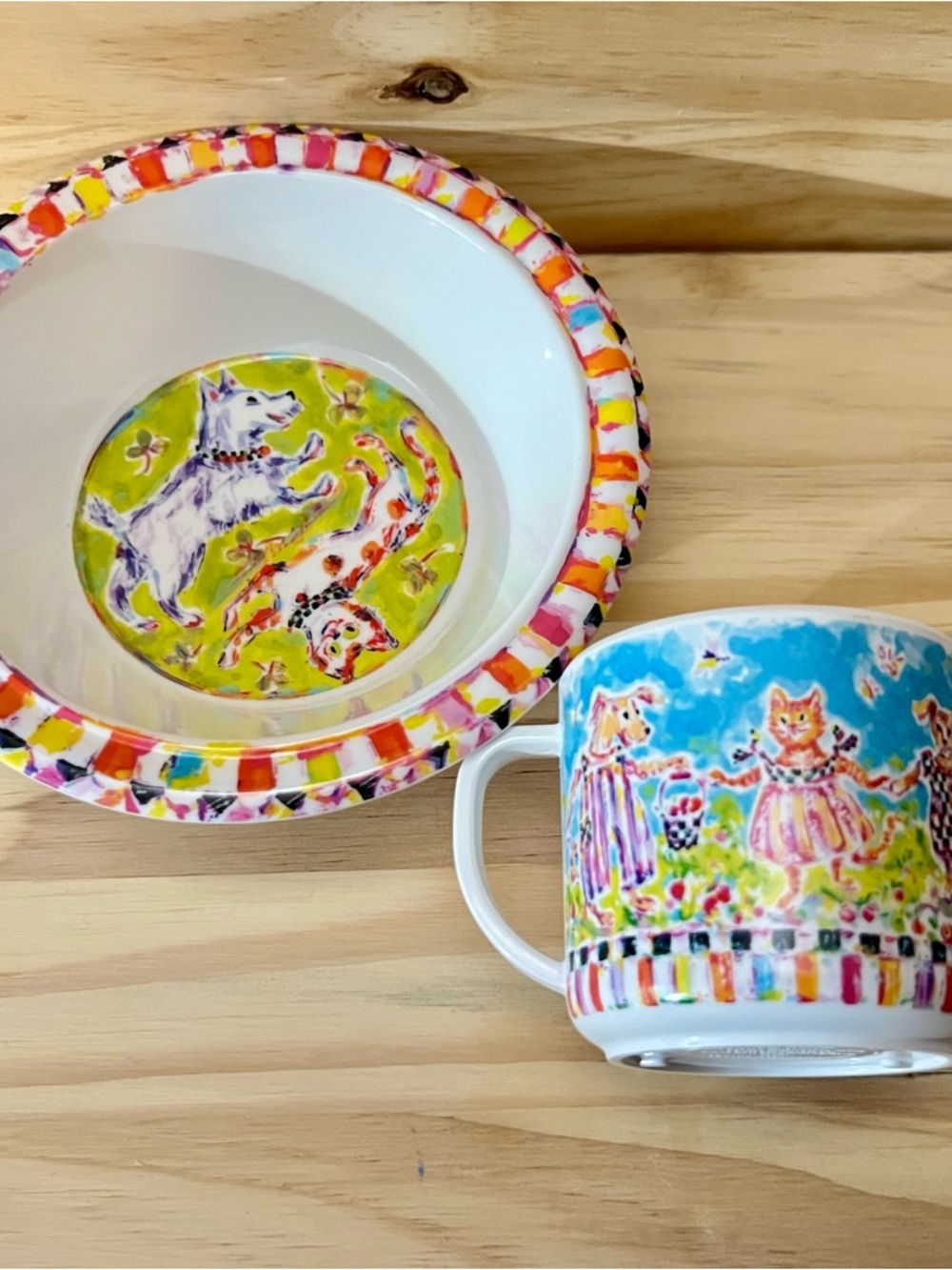 Rare MacKenzie-Childs Retired Toddler Dish Set - Dog & Cat - Excellent Condition